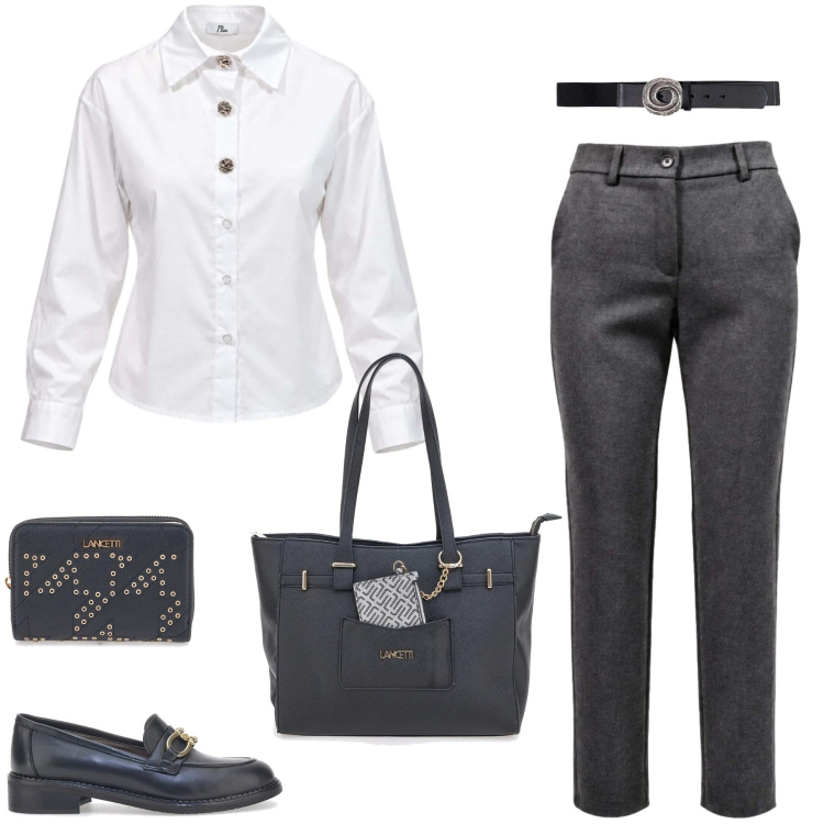 Outfit donna - In ufficio. Stile Minimal per Ufficio. Abbinamento con cinture, camicie, pantaloni, mocassini, portafogli, shopping bag.
