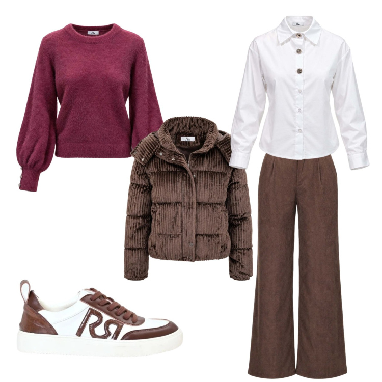 Outfit donna - Freddo e caldo. Stile Casual per Tutti i giorni. Abbinamento con camicie, maglieria, pantaloni a palazzo, piumini, sneakers.