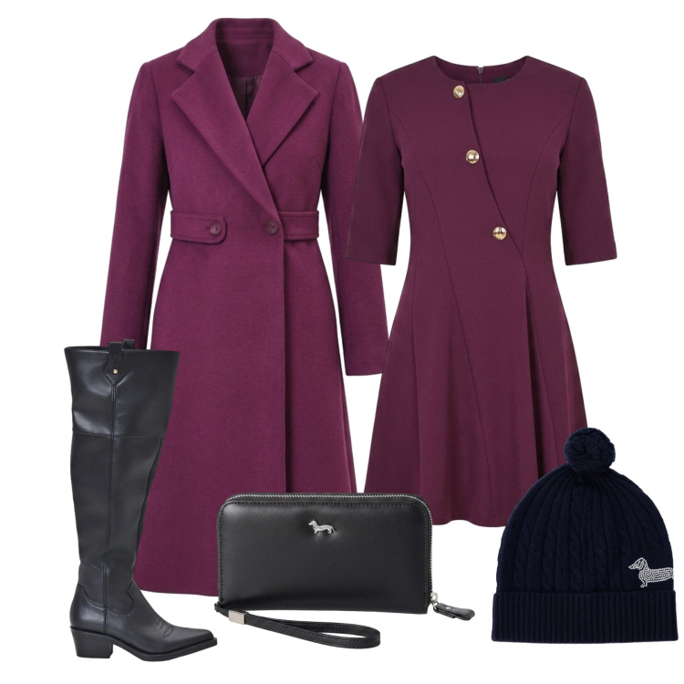 Outfit donna - Ottobre. Stile Chic per Serata fuori. Abbinamento con portafogli, berretti, stivali, vestiti asimmetrici, cappotti.