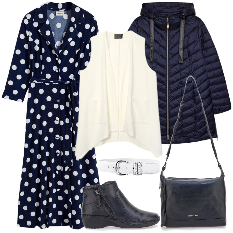 Outfit donna - Domenica gita fuori porta e dopo pranzo. Stile Chic per Tutti i giorni. Abbinamento con gilet, piumini, cinture, vestiti chemisier, borse a tracolla, stivaletti.