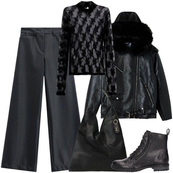 Outfit donna - The New Noir. Stile Urban per Serata fuori. Abbinamento con borse a spalla, t-shirt, pantaloni, giacche, stivaletti.