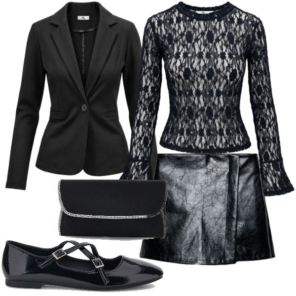 Outfit donna - The New Noir. Stile Trendy per Serata fuori. Abbinamento con top, blazer, minigonne, pochette, ballerine.