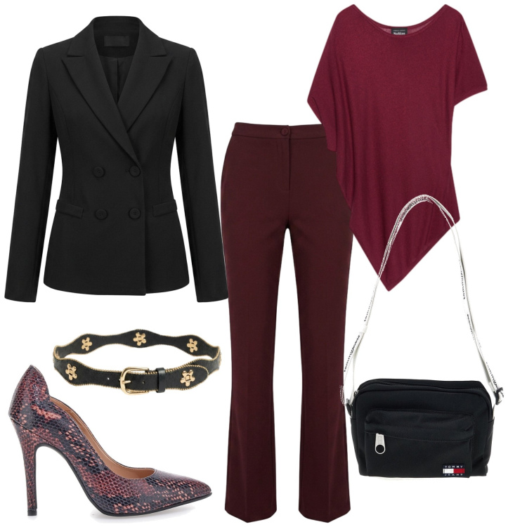 Outfit donna - Pop of Red. Stile Chic per Serata fuori. Abbinamento con top, blazer, cinture, pantaloni, décolleté, borse a tracolla.