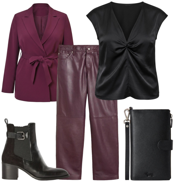 Outfit donna - Pop of Red. Stile Chic per Serata fuori. Abbinamento con portafogli, stivaletti, canottiere, blazer, pantaloni.