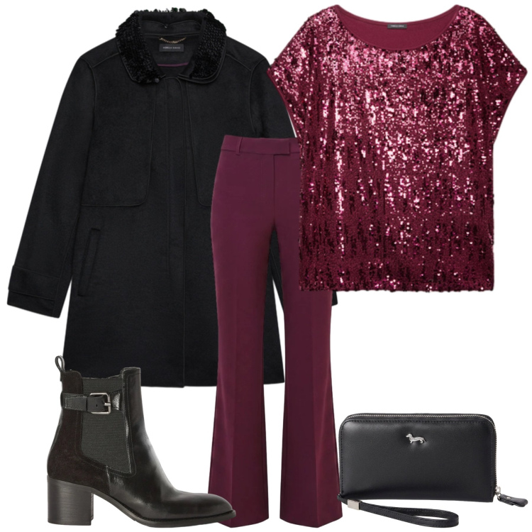 Outfit donna - Pop of Red. Stile Casual chic per Serata fuori. Abbinamento con portafogli, stivaletti, t-shirt, cappotti, pantaloni.