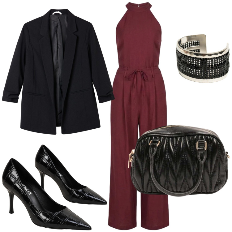 Outfit donna - Pop of Red. Stile Chic per Serata fuori. Abbinamento con tute, borse a mano, braccialetti, décolleté, blazer.