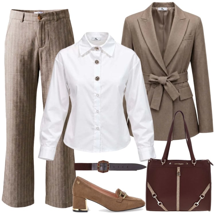 Outfit donna - Eleganza scontata col codice BANTOA15. Stile Chic per Ufficio. Abbinamento con camicie, cinture, pantaloni, blazer, mocassini, borse a spalla.