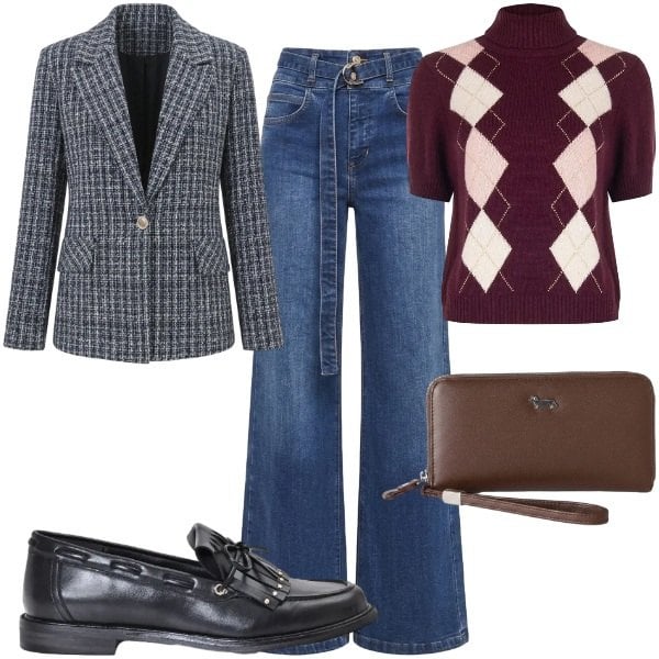 Outfit donna - Jeans e blazer. Stile Casual chic per Tutti i giorni. Abbinamento con portafogli, jeans, mocassini, blazer, maglieria.