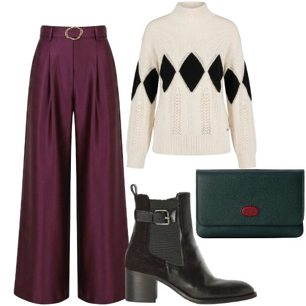 Outfit donna - Pantaloni sartoriali e maxi pullover. Stile Casual chic per Tutti i giorni. Abbinamento con portafogli, stivaletti, pullovers, pantaloni a palazzo.