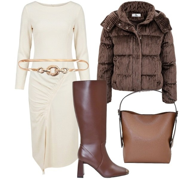 Outfit donna - Autunno Rinascimento. Stile Trendy per Tutti i giorni. Abbinamento con piumini, borse a mano, cinture, stivali sopra il ginocchio, vestiti midi/longuette.