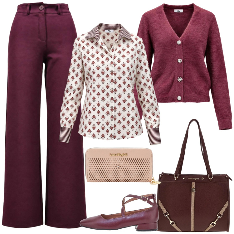 Outfit donna - I pantaloni di cardigan bordeaux. Stile Bon Ton per Serata fuori. Abbinamento con camicie, pantaloni, cardigans, ballerine, portafogli, borse a spalla.