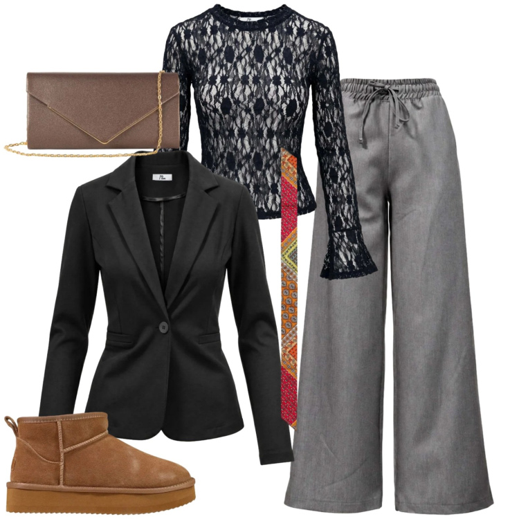 Outfit donna - Casual. Stile Casual per Tutti i giorni. Abbinamento con pantaloni, top, stivaletti, foulard, blazer, clutch.