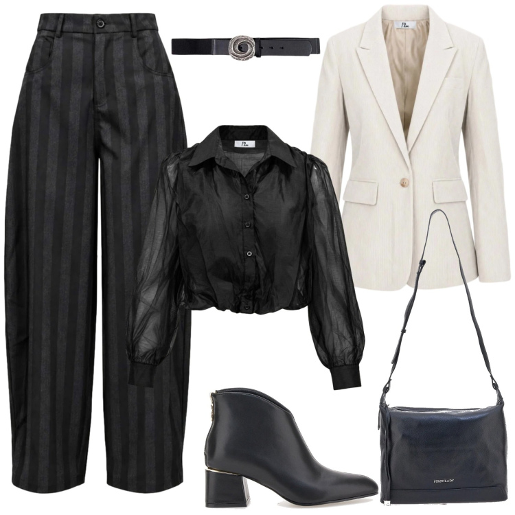 Outfit donna - Pantaloni a righe e camicia in voile. Stile Trendy per Serata fuori. Abbinamento con cinture, camicie, pantaloni, blazer, stivaletti, borse a tracolla.