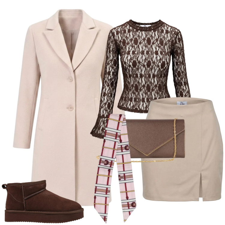Outfit donna - Casual chic. Stile Casual chic per Tutti i giorni. Abbinamento con top, minigonne, stivaletti, foulard, clutch, cappotti.