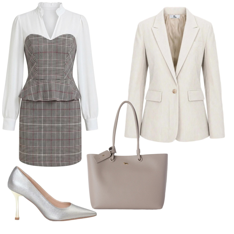 Outfit donna - Chic. Abbinamento con blazer, shopping bag, décolleté, vestiti corti.