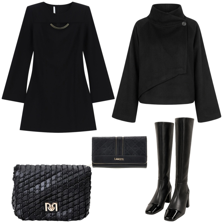 Outfit donna - Il miniabito svasato e gli stivali alti. Stile Chic per Serata fuori. Abbinamento con vestiti corti, borse a tracolla, cappe, stivali, portafogli.