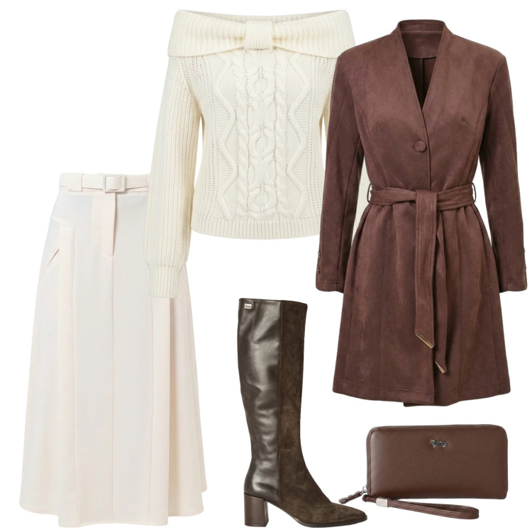 Outfit donna - In ufficio. per Ufficio. Abbinamento con portafogli, stivali, trench, gonne longuette, maglieria.