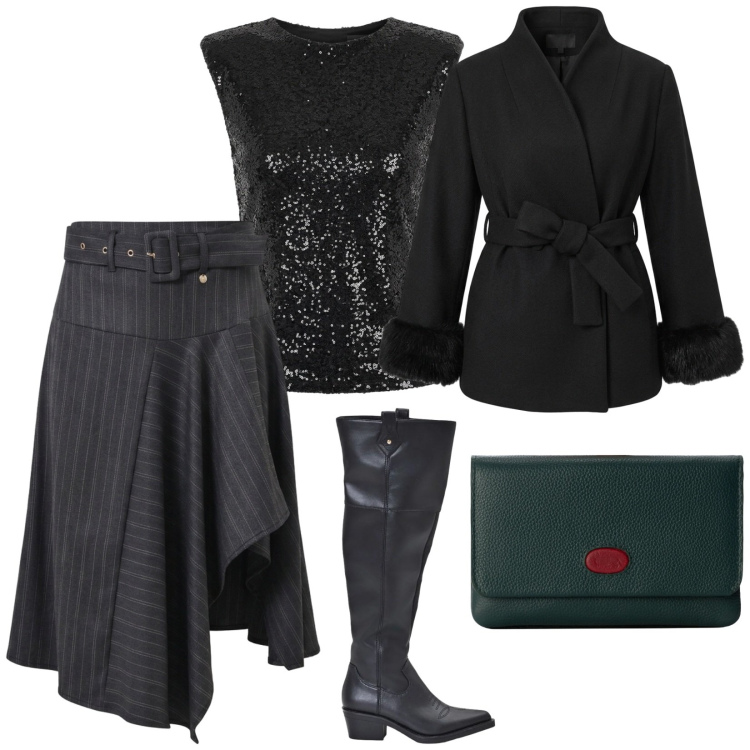 Outfit donna - Cena tra amici. per Serata fuori. Abbinamento con portafogli, stivali, top, gonne longuette, caban.
