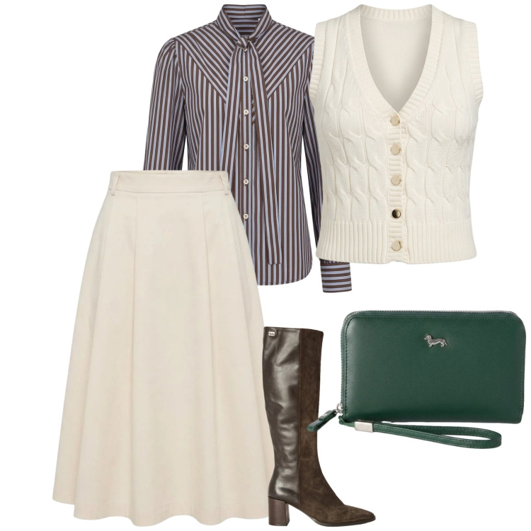Outfit donna - A scuola. per Scuola/Università. Abbinamento con portafogli, camicie, maglieria, stivali, gonne longuette.