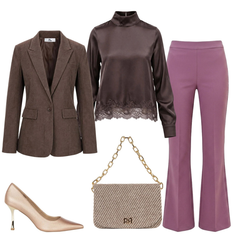 Outfit donna - Total look #2500612. Stile Chic per Serata fuori. Abbinamento con blazer, bluse, pantaloni, décolleté, borse a spalla.