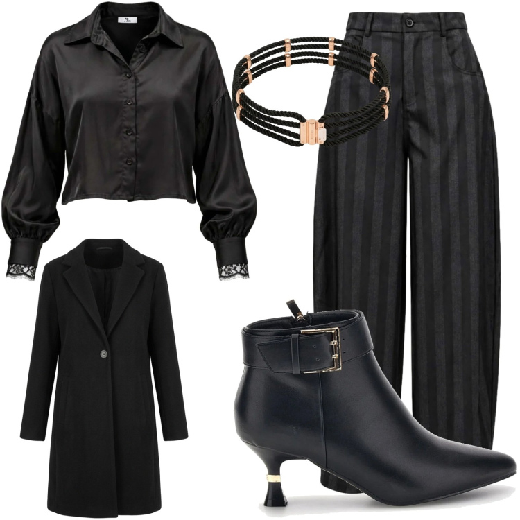 Outfit donna - Nero assoluto. Stile Chic per Serata fuori. Abbinamento con camicie, pantaloni, cinture, cappotti, stivaletti.
