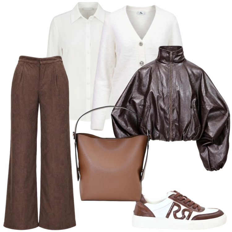 Outfit donna - Di giorno. per Scuola/Università. Abbinamento con bomber, cardigans, pantaloni a palazzo, borse a mano, sneakers, camicie.