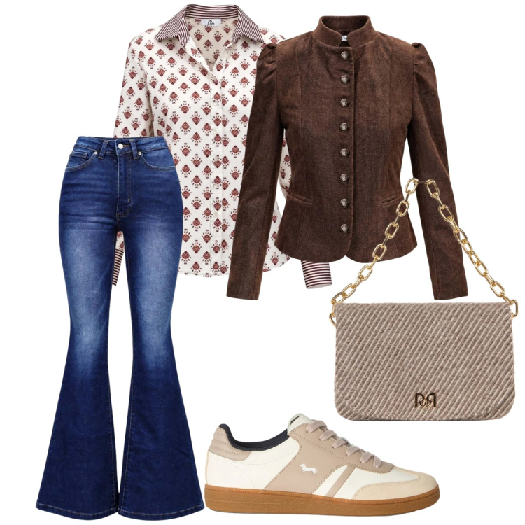 Outfit donna - Commissioni. per Tutti i giorni. Abbinamento con blazer, camicie, jeans bootcut, sneakers, borse a spalla.