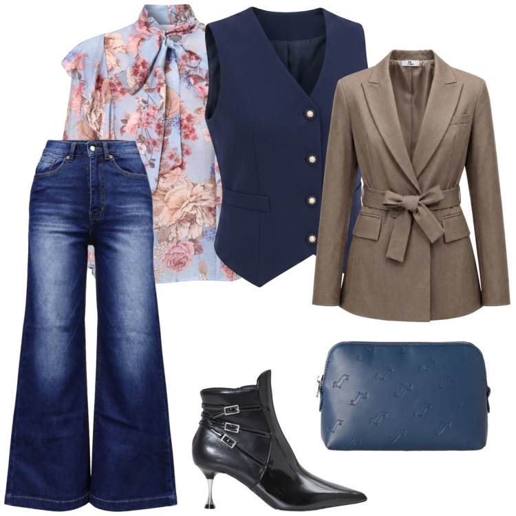 Outfit donna - Colloquio di lavoro. per Tutti i giorni. Abbinamento con blazer, jeans bootcut, pochette, bluse, stivaletti, gilet.