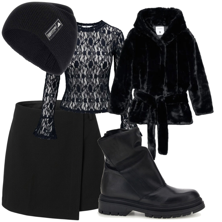 Outfit donna - Total black. Stile Rock per Scuola/Università. Abbinamento con top, gonne, cappotti, stivaletti, berretti.