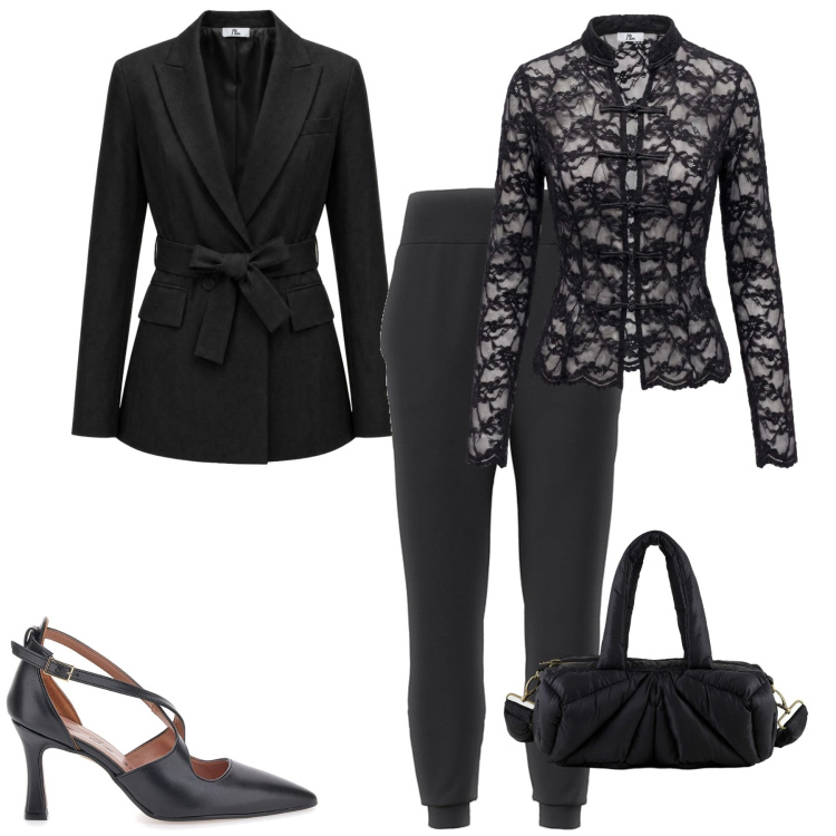 Outfit donna - The New Noir. Stile Chic per Serata fuori. Abbinamento con top, blazer, borse a mano, décolleté, pantaloni.