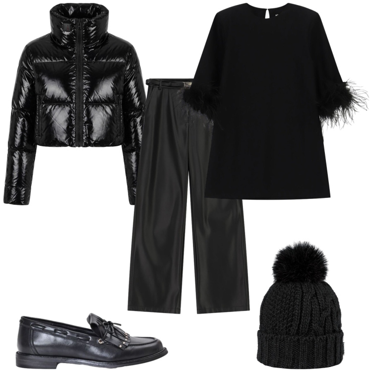 Outfit donna - The New Noir. Stile Chic per Serata fuori. Abbinamento con pantaloni, vestiti corti, mocassini, piumini, berretti.
