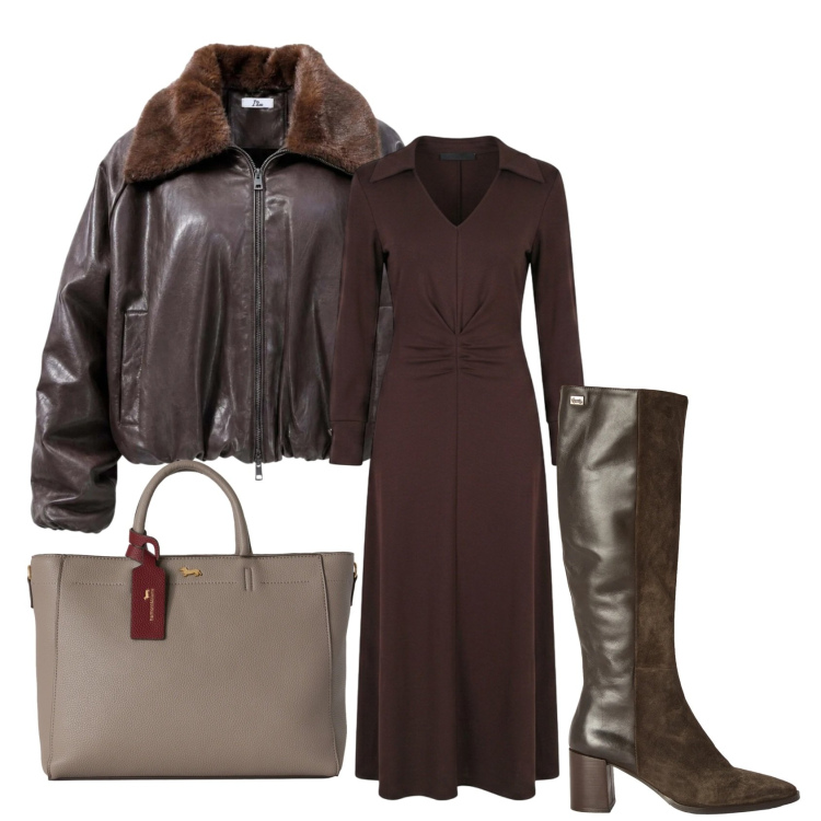 Outfit donna - Total look marrone- il bomber. Stile Sporty chic per Tutti i giorni. Abbinamento con bomber, borse a mano, stivali, vestiti midi/longuette.