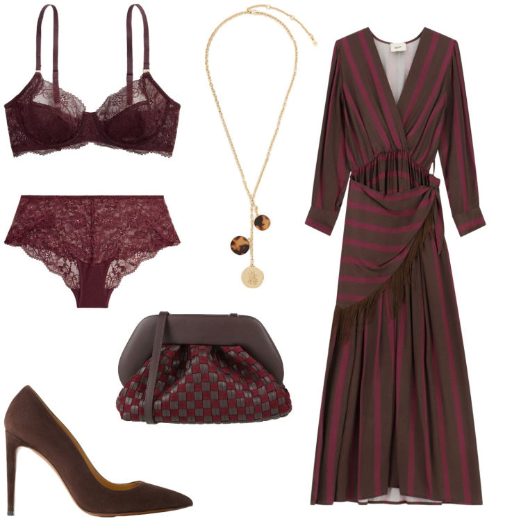 Outfit donna - Oroscopo Scorpione. Stile Glamour per Serata fuori. Abbinamento con décolleté, collane, reggiseni, culotte, vestiti lunghi, pochette.