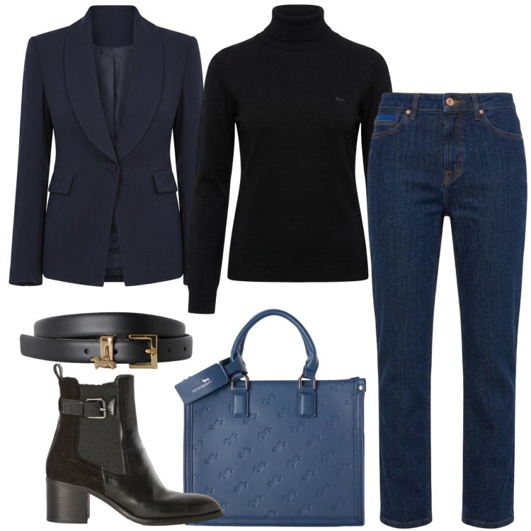 Outfit donna - Minimalismo Anni '90. Stile Minimal per Ufficio. Abbinamento con stivaletti, cinture, borse a mano, jeans, pullovers, blazer.