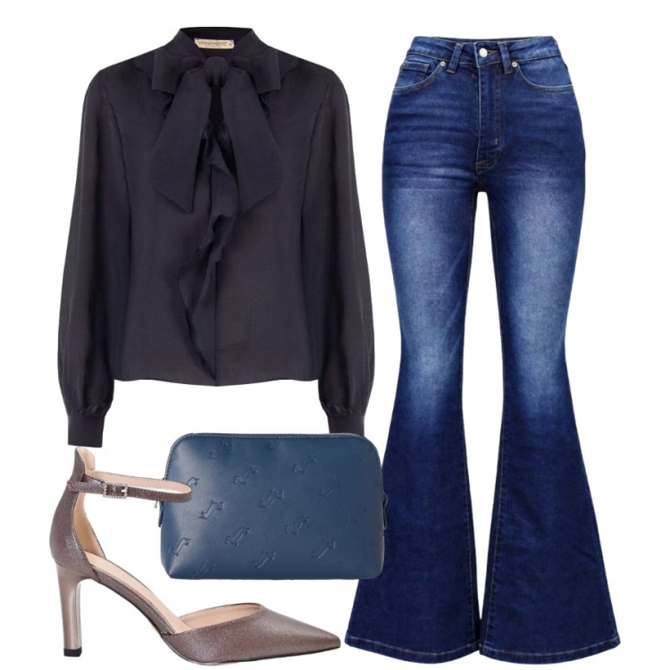 Outfit donna - Total look #2500633. Stile Sporty chic per Serata fuori. Abbinamento con jeans bootcut, pochette, décolleté, bluse.