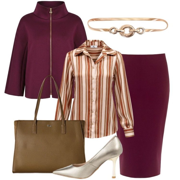 Outfit donna - Total look #2500634. Stile Chic per Ufficio. Abbinamento con camicie, shopping bag, cinture, gonne longuette, décolleté, cappotti.
