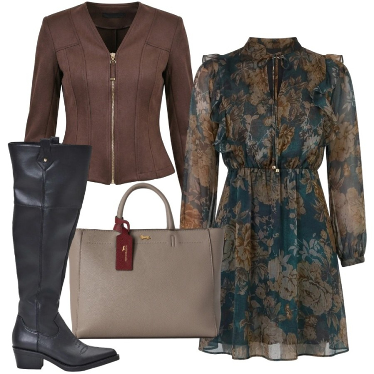 Outfit donna - Uno splendido vestito. Stile Trendy per Tutti i giorni. Abbinamento con borse a mano, blazer, stivali, vestiti corti.