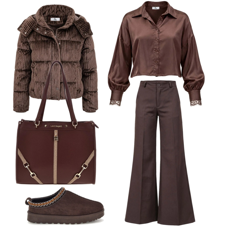 Outfit donna - Tendenze comode. Stile Urban per Tutti i giorni. Abbinamento con piumini, camicie, pantaloni, pantofole, borse a spalla.