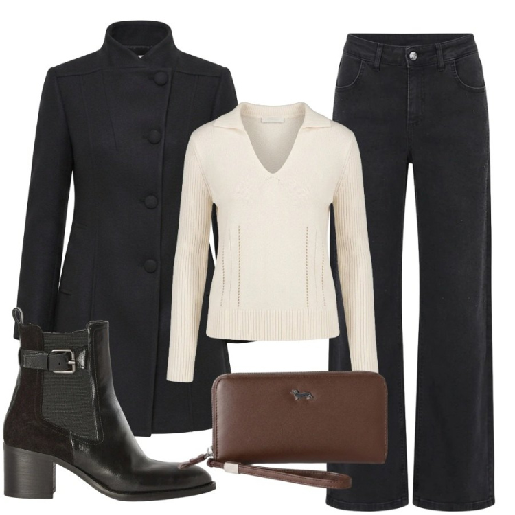 Outfit donna - Total look #2500640. Stile Casual chic per Tutti i giorni. Abbinamento con portafogli, stivaletti, maglieria, cappotti, jeans.