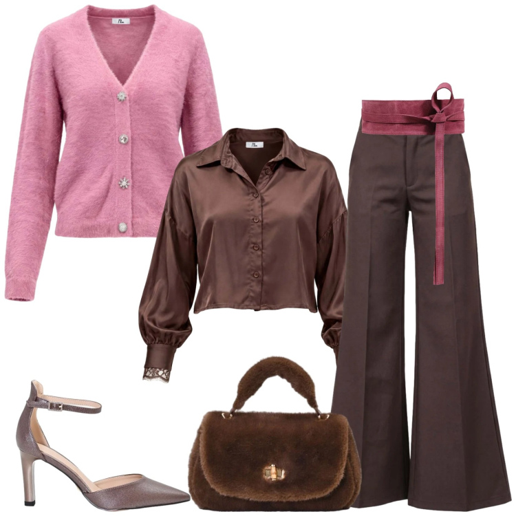 Outfit donna - Total look #2500642. Stile Chic per Ufficio. Abbinamento con cinture, camicie, cardigans, pantaloni, borse a mano, décolleté.
