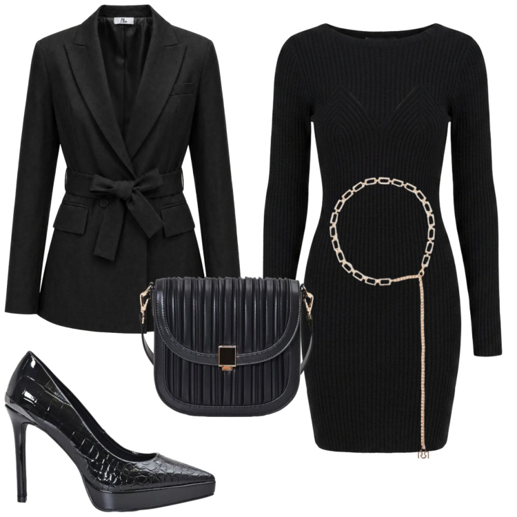 Outfit donna - Total black minimal chic. Stile Minimal per Tutti i giorni. Abbinamento con blazer, borse a tracolla, cinture, décolleté, vestiti a tubino.