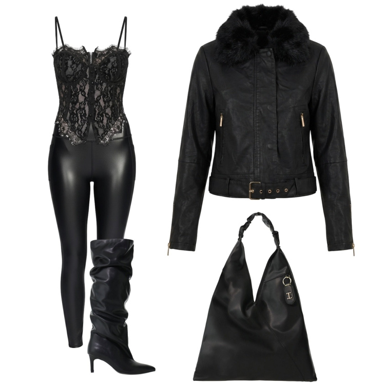 Outfit donna - Total look #2500650. Stile Rock per Serata fuori. Abbinamento con stivali, borse a spalla, top, blazer, leggings.