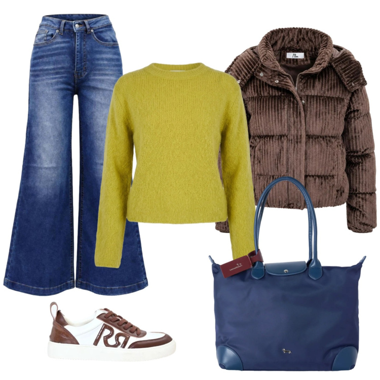 Outfit donna - Pull verde acido. Stile Urban per Tutti i giorni. Abbinamento con piumini, jeans bootcut, shopping bag, sneakers, maglieria.