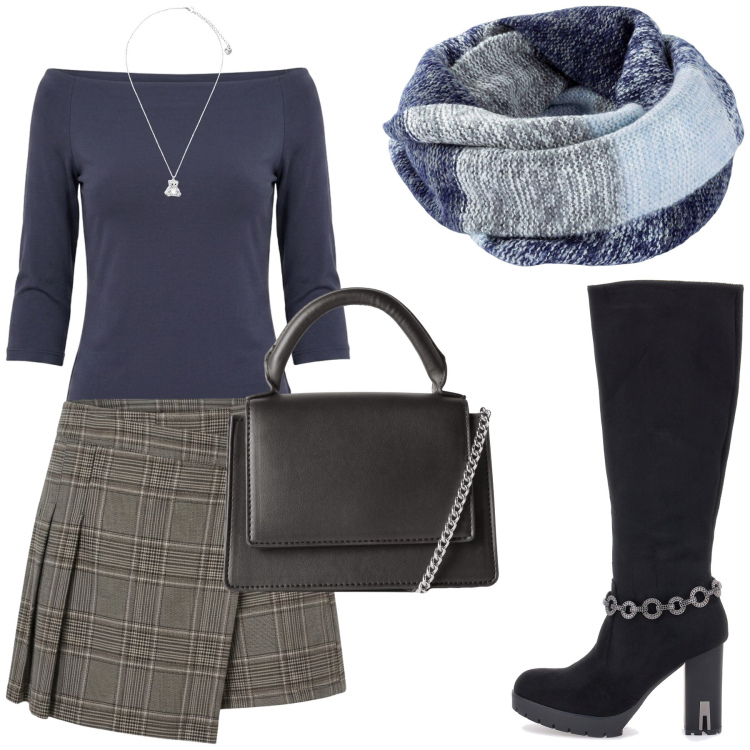 Outfit donna - Casual. Stile Casual per Tutti i giorni. Abbinamento con ciondoli, t-shirt, gonne, borse a tracolla, foulard, stivali.
