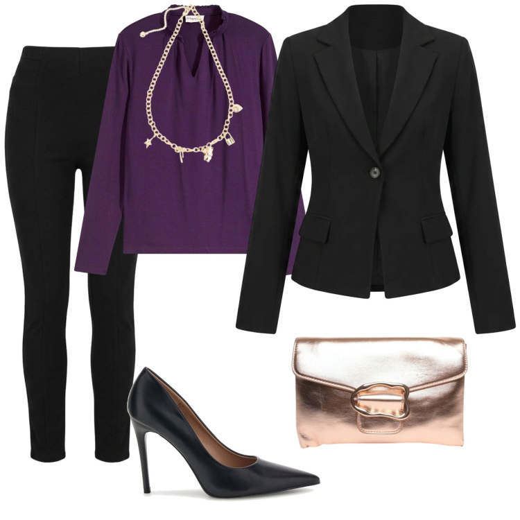 Outfit donna - Total look #2500658. Stile Bon Ton per Serata fuori. Abbinamento con blazer, clutch, pantaloni, bluse, décolleté, collane.
