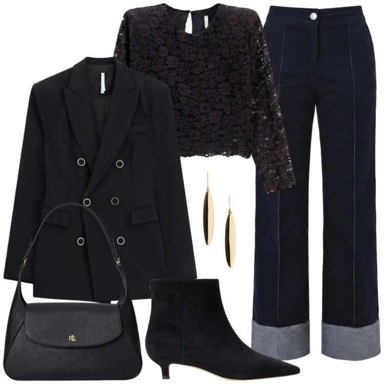 Outfit donna - Scorpion in total black. Stile Chic per Serata fuori. Abbinamento con blazer, top, borse a spalla, orecchini, stivaletti, pantaloni.