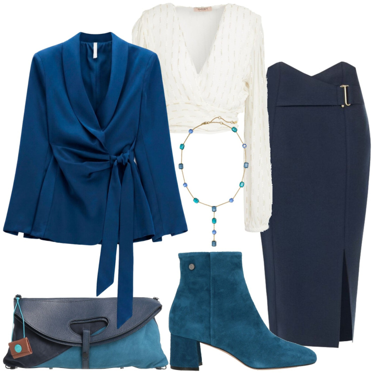 Outfit donna - Mood petrolio e blu. Stile Casual chic per Serata fuori. Abbinamento con blazer, collane, gonne longuette, pochette, stivaletti, top.