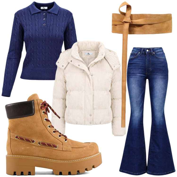 Outfit donna - Perfetta. Stile Casual chic per Tutti i giorni. Abbinamento con cinture, polo, piumini, jeans bootcut, stivali.
