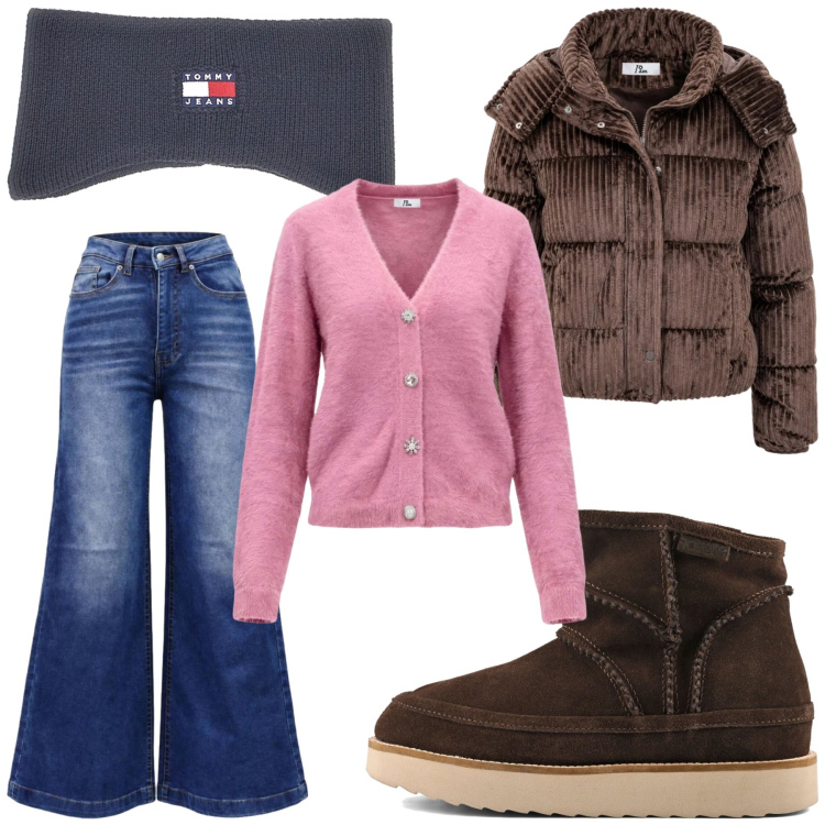 Outfit donna - Casual. Stile Casual per Tutti i giorni. Abbinamento con cardigans, piumini, jeans bootcut, fasce per capelli, stivaletti.