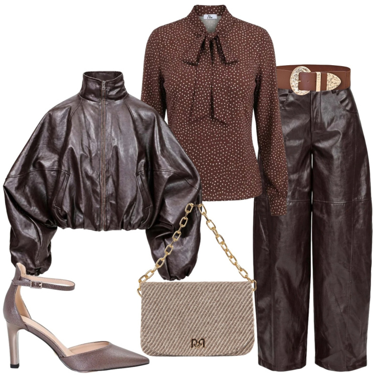 Outfit donna - Chic e casual. Stile Casual chic per Tutti i giorni. Abbinamento con bluse, pantaloni a palazzo, bomber, cinture, décolleté, borse a spalla.